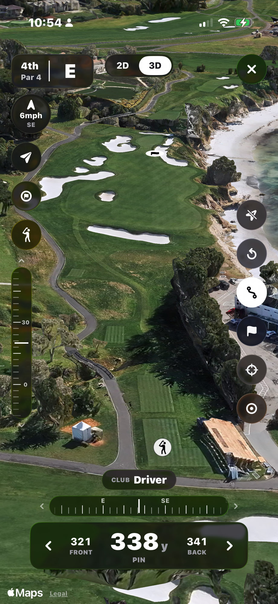 Perch showing a 3D flyover of a golf hole with GPS distances